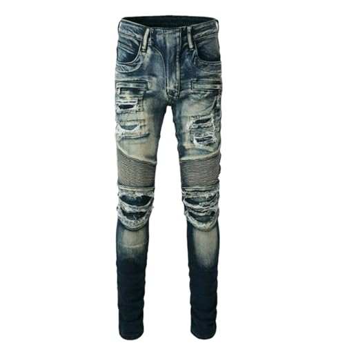 Jeans Pants Trousers Denim Men Stretch Slim Fit Street Trendy Piercing Retro Washed Blue Grinding Fading Personalized Wrinkle Casual Small Foot(Blue,33)