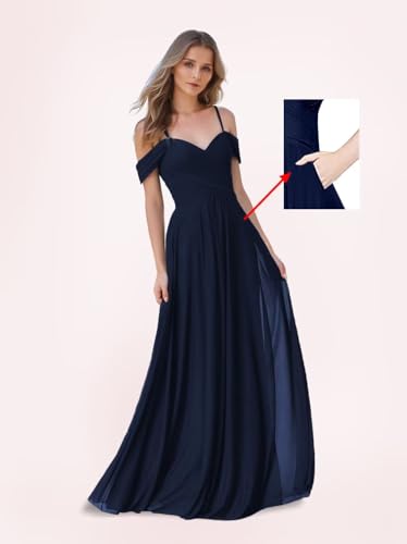 Women's V Neck Spaghetti Straps Bridesmaid Dresses Off Shoulder Long Wedding Guest Dress with Pockets2