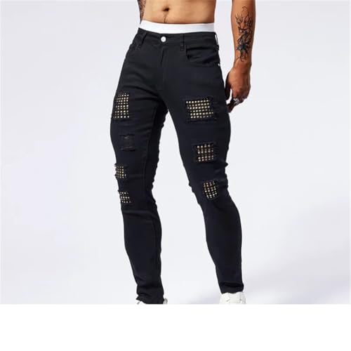 Men's Muscle Jeans Elastic Slim Fit Perforated Patch Street Tight Pants3