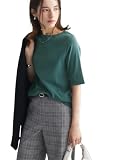 [ニッセン] Tシャツ カットソー レディース 春 夏 秋 オールシーズン UVカット 綿１００％ フライス素材 ボートネック ５分袖 Tシャツ 大きいサイズ有 ディープグリーン L