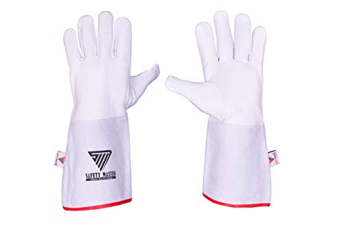 SAFETY MASTER Premium Quality Tig Argon Welding Gloves, Made From Soft Grain Leather Natural White, Round Thumb, With White Split Leather, Red Piping. Size: L, Length 35cm
