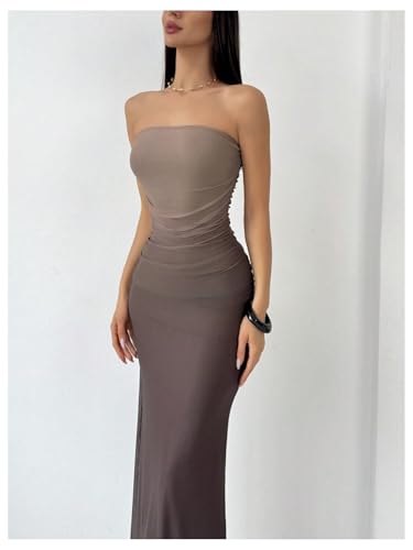 Image of GORGLITTER Women's Sunset Ombre Strapless Cocktail Bridal Shower Midi Dress | Orange Wedding Guest Dress, Mesh Tube Dress, Bridesmaid Dresses, Vacation Beach Sundresses,