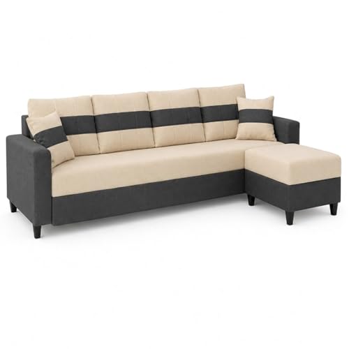 Image of Cavona 5 Seater L Shape Sofa Set with Movable Ottoman | Flexible Layout | Luxury Velvet Suede Fabric | Modern Living Room Sofa | Cream-Dark Grey