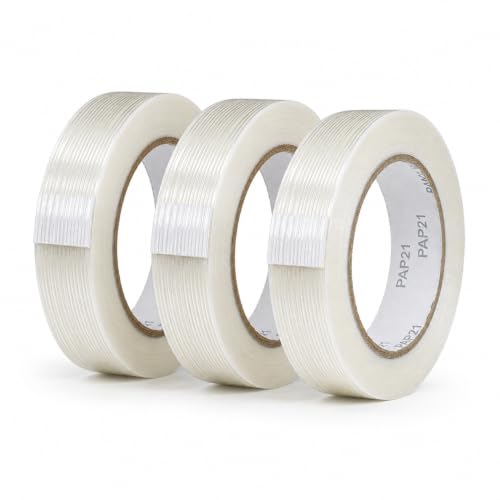 Image of GGR Supplies FIL-795 Fiberglass Reinforced Filament Strapping Tape - Heavy Duty Packing & Shipping Tape, Mono Directional, 1 in x 60 yds. Pack of 3 (5.5 Mil)
