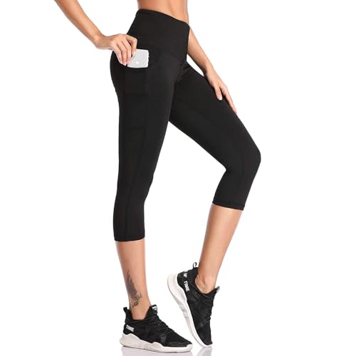 SIMIYA Womens Sports Leggings High Waist Cropped Leggings with Pockets 3/4 Length Capris Pants Sports Gym Workout Running Yoga Pants (Capris-Black,M)