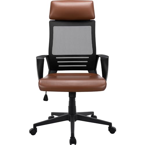 Yaheetech Executive Office Chair Adjustable Computer Chair Leather Swivel Chair with High Back, Headrest, Lumbar Back Support and Wheels for Home Office Work Study Brown