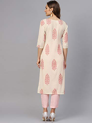 Image of idaLia Cream and Baby Pink Hand Block Print Kurta with Cotton Pants