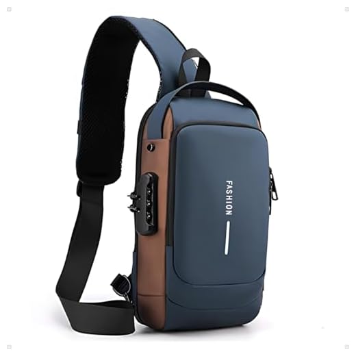 Shoulder Bag Masculina Transversal, Compacta e Resistente, Bolsa Tiracolo Estilosa para Uso Diário, Viagens, Academia e Esportes, Alça Ajustável, Design Moderno e Impermeável (Azul com marrom)