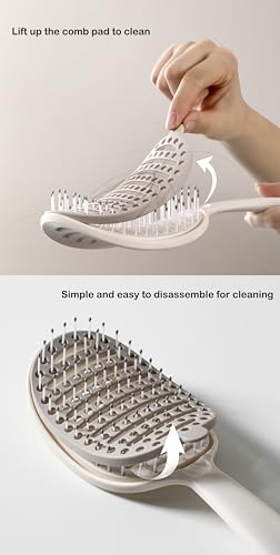 Self Cleaning Hair Brush, Easy Clean Detangling Brush, Curved Vented Detangler Brush for Faster Blow Drying for Women Men Kids, Wet & Dry Hair (White)