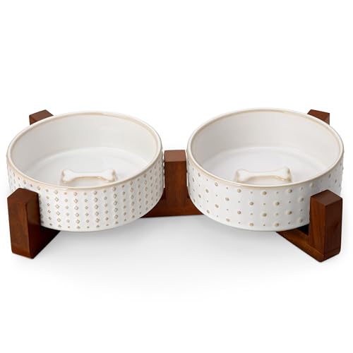 MALACASA Dog Bowl Set with Walnut Wood Stand 1.5 Cups Ceramic Pet Bowls for Puppy Dogs Dual Food and Water Bowls with Weighted Non-Slip Base Basic Bowls for Your Dog or Cat Rhombic & Polka Dots