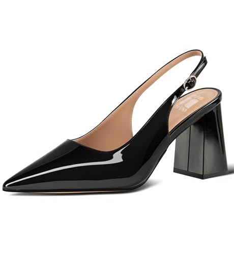 heelchic Slingback Heels for Women Block Heel Pointed Closed Toe Chunky Heel Slip on Wedding Dress Shoes Comfortable