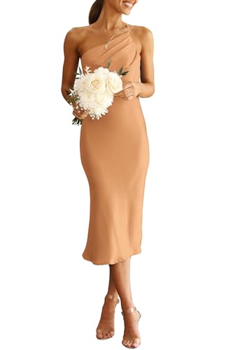 PRETTYGARDEN Women's Midi Satin Dress One Shoulder Spaghetti Strap Backless Ruched Summer Bodycon Dresses