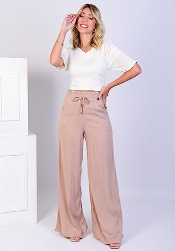 Calça pantalona cós largo de viscolinho (ref 01871) (G, BEGE)
