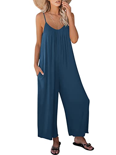 Image of ANRABESS Women Jumpsuits 2026 Casual Sleeveless Spaghetti Strap Boho Wide Leg Rompers Summer Outfits Beach Vacation Clothes