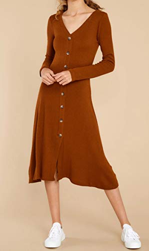 R.Vivimos Women's Winter Cotton Long Sleeves V-Neck Casual Button Down Knit Sweater Midi Dress3