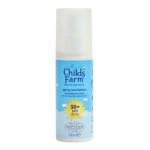 Childs Farm Kids & Baby Sun Lotion Spray SPF 50+ | UVA & UVB Very High Protection | Extra Water Resistant | Fragrance Free | Suitable for Dry Sensitive Skin 100ml