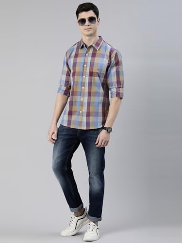 Image of JOVEN Men Slim Fit Pure Cotton Brown and Dark Green Casual Checked Shirt