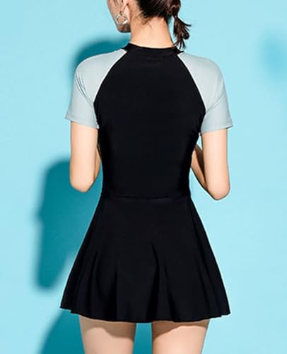 JadeRich Teen Girls' One Piece Swim Dress Short Sleeve Sporty Bathing Suit Sun Protection Rash Guard Skirted Swimsuit2