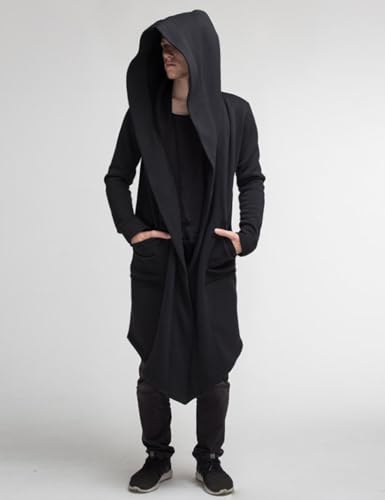 Kinkia Mens Open Front Long Hooded Cardigan Solid Long Sleeve Lightweight Long Cloak Cape Goth Cardigans with Pockets2