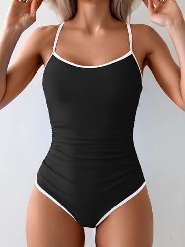 Image of Eomenie Women's One Piece Swimsuit Tummy Control Slimming Bathing Suit Color Block Spaghetti Strap Swim Suit 1 Piece Swimwear, Medium