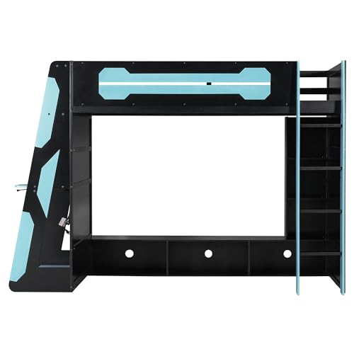 Image of Harper & Bright Designs Twin Size Wood Loft Bed with Desk and Multi-Storage Shelves, Wooden Gaming Loft Bed Frame with RGB Light, Space-Saving Bed with Safety Guardrail, Blue