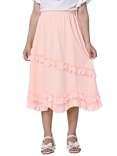 Unacoo Girls Skirts Combed Cotton Casual Midi Swing Skirt Soft Flowy Long Skirts Tiered Ruffle Maxi Skirts Girls Outfit Kids With Elastic Waist For 9-10 Year Pink L #TOP30