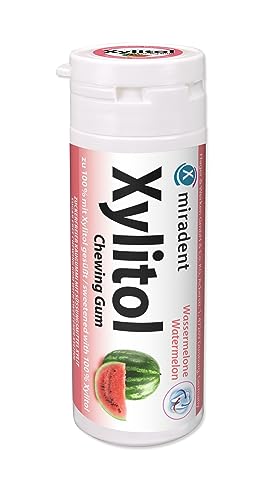 miradent Xylitol Zahnpflegekaugummi Wassermelone Dose 30 Stück (1 x 30 g) | fruchtiger Geschmack | zuckerfrei | vegan | kariespräventiv| für unterwegs