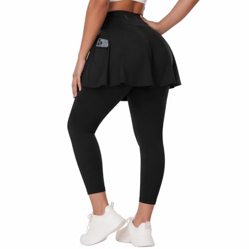 Yaqi Verse High Waisted Skirted Pleated Tennis Pickleball Yoga Workout Skirted Leggings for Women with 5 Pocket Above Knee-Black-L