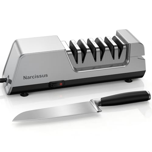 Narcissus Knife Sharpener, 3 Stages Diamond Electric Knife Sharpener for Stainless Steel and Ceramic Kitchen Knives, 40 Seconds Quick Repairing & Polishing, Open Design Port for Scissors Sharpening