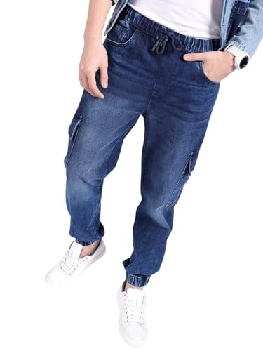 Image of The Indian Garage Co Men Regular Fit Solid Mid-Rise Stretchable Denim Cargo Joggers