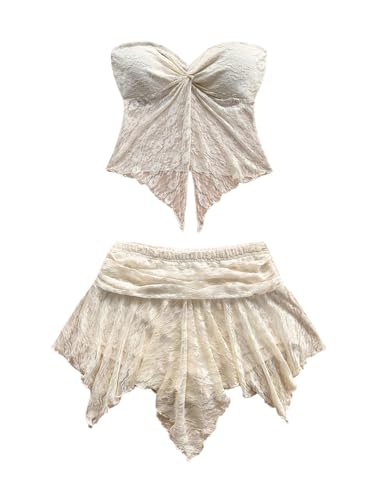 GORGLITTER Women's Two Piece Floral Lace Skirt Sets Twist Front