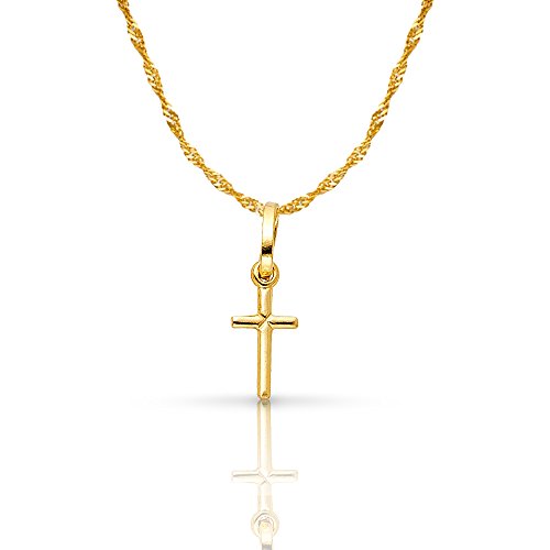 Ioka 14K Yellow Gold Plain Cross Pendant with 0.9mm Singapore Chain Necklace - Main Image