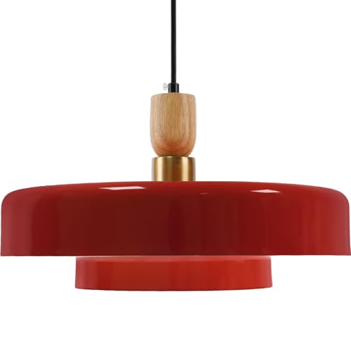 Image of Mid-Century Pendant Light Kitchen Island Chandelier Light Fixture Vintage Small Ceiling Light with 2-Tiers Metal Shade for Dining Room Living Room (Red)