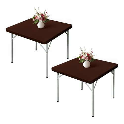 Wolkemer 2 Pack Brown Fitted Tablecloth 34x34 Inch Square Elastic Edges Table Cloth, Spandex Stretch Table Cover with Machine Washable Fabric for Wedding Party Picnic Dining Indoor Outdoor