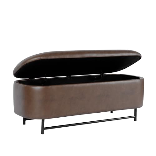 Image of HomePop 46 inch Ellipse Storage Bench with Metal Legs - Brown Faux Leather