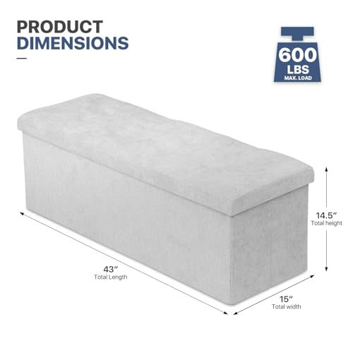 MoNiBloom 43 Inch Folding Storage Ottoman Bench, Linen Fabric Ottoman Footrest, Storage Chest, Padded Seat, End of Bed Bench for Living Room, Bedroom, Entryway, Light Gray