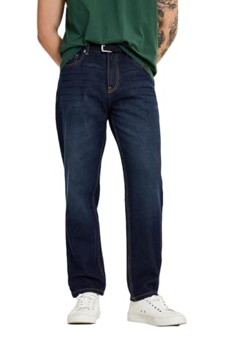 Image of SNITCH Men Casual Jeans | Relaxed Fit Straight Leg Washed Pattern & Drawstring Closure | 100% Cotton Denim Fabric for All Day Comfort & Everyday Wear