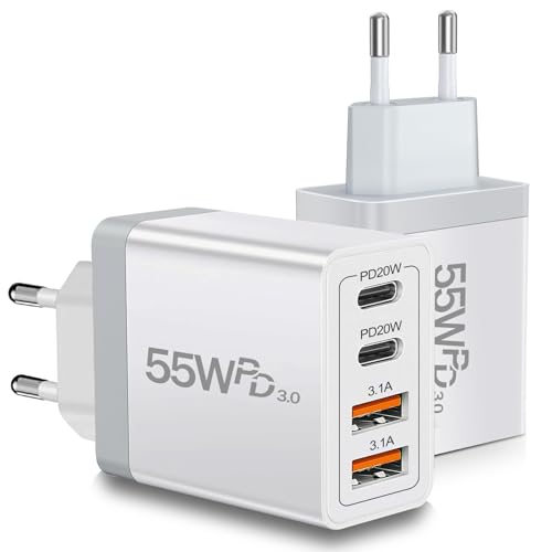 European USB C Charger 2 Pack 55W European Travel Plug Adapter 4-Port Fast Charger Type C Wall Charger USA to Europe Plug Adaptor for iPhone 17 16 15 14 13 12 11 Pro Max X 8 Galaxy Android