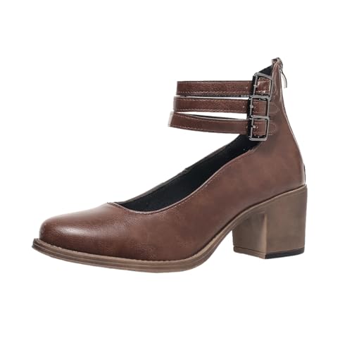 Women's Mary Jane Closed Toe Pumps Block Heels Comfortable Triple Buckle Strap Retro Dress Shoes