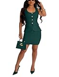 Womens Two Piece Blazer Outfits Skirt Set Button Down Vest Bodycon Short Skirts Summer Business Casual Suit Army Green L