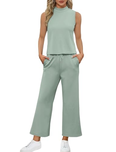 Image of SAMPEEL Two Piece Sets for Women Summer Outfits Lounge Sets Mock Neck Tops Wide Leg Crop Pants Vacation Travel Outfits