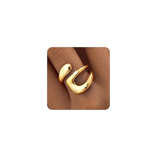 Gelbesty Gold Statement Rings for Women Non Tarnish, 14K Gold Chunky Open Stackable Rings Fashion Adjustable Waterproof Pinky Knuckle Signet Stainless Steel Jewelry Size 9