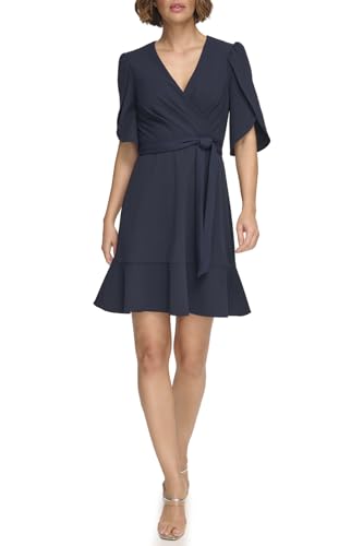 Image of DKNY Women's Tulip Sleeve Scuba Crepe Faux Wrap Dress