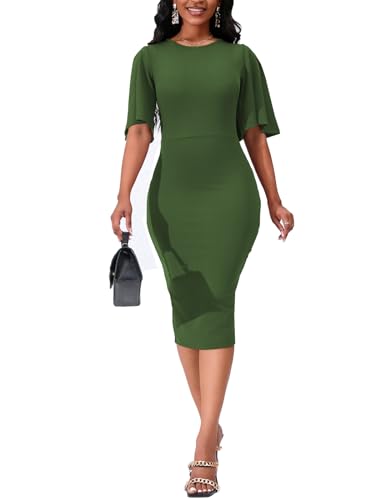 Image of WanMem Womens Basic Bodycon Ruffle Flared Short Sleeve Pencil Midi Dress