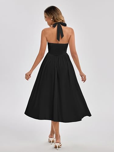 Image of Parthea Women's Floral Halter Corset Midi Dress 2026 Elegant Smocked Flowy Wedding Guest Dresses with Pockets