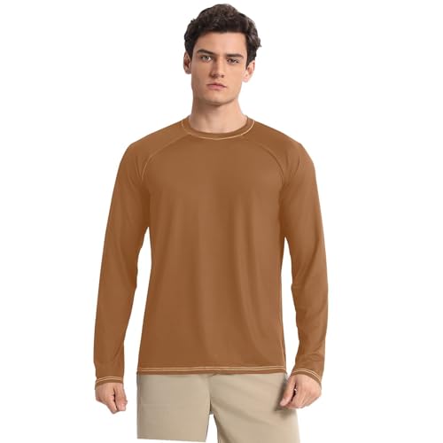 Brown Sun Protection SPF Rash Guard Shirt, Long Sleeve Sun Protections UPF 50+, Lightweight, Quick Drying, Round Neck, for Hiking, Running - Main Image