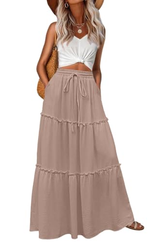 Image of Lepunuo Womens Casual Boho High Waisted Flowy Maxi Skirts Tiered Floral Long Skirts with Pockets for Summer Beach Vacation