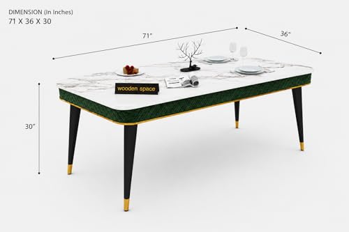 Image of WOODEN SPACE 6-Seater Wooden Dining Table Set | Nano Composite Marble Top | Solid Wood Base | Modern Dining Room Furniture with 6 Chairs (Dark Green Modern Vento)