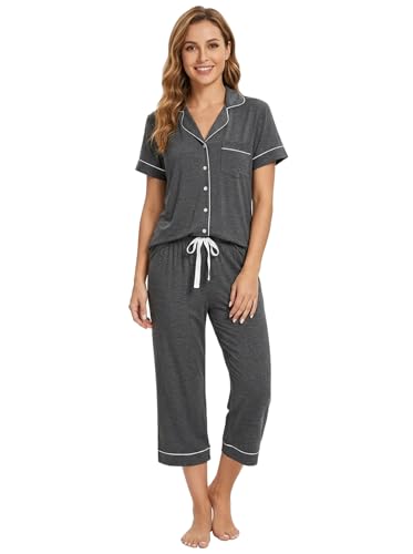 Image of Joyaria Bamboo Viscose Cooling Pajamas for Women Capri Button Front Pjs Set | Ideal for Night Sweats, Hot Sleeper Friendly, Breathable & Moisture Wicking, Short Sleeve Top