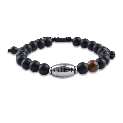 WANDIC Rugby Bracelet Bracelet en Perles Noires Réglable avec Message et Carte Cadeau Pour Joueurs Amis Anniversaires Hommes